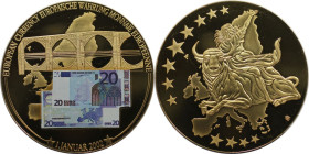 Medaillen und Jetons, Gedenkmedaillen. Farbmedaille - 20 Euro Schein - Europäische Währung 1. Januar 2002. Polierte Platte