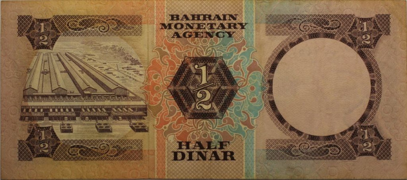 Banknoten, Bahrain. 1/2 Dinar 1973. P.007. II