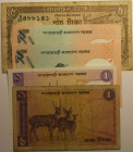 Banknoten, Bangladesch, Lots und Sammlungen. 1 Taka 1973(I), 1 Taka 1982(II), 2 x 2 Taka 2002(II), 5 Taka 1981(III). Lot von 5 Stück.