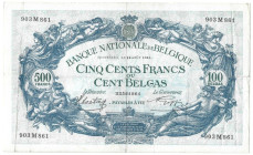 Banknoten, Belgien / Belgium. 500 Francs / 100 Belgas 12.08.1941. Pick 109. II-