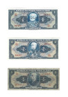 Banknoten, Brasilien / Brazil, Lots und Sammlungen. 1 Cruzeiro ND (1944) Serie 325A, Pick 132a. 2 Cruzeiros ND (1944) Serie 376A, Pick 133a. 5 Cruzeir...