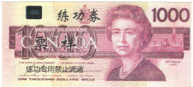 Banknoten, China. Canadees training Bankbiljetten voor personen, Chinese Banken. 1000 Dollars. Ottawa 1988. Unc
