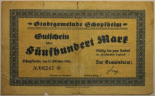 Banknoten, Deutschland / Germany. Notgeld, Schopfheim, Inflation. 500 Mark 1922. III