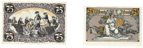 Banknoten, Deutschland / Germany, Lots und Sammlungen. Notgeld Rheinsberg. 25, 75 Pfennig ND(1921-1922). Lot von 2 Banknoten. Kassenfrisch