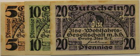 Banknoten, Deutschland / Germany, Lots und Sammlungen. Notgeld Grube Ilse, Brandenburg. 5, 10, 20 Pfennig ND (1921). Tieste 2630.05. 36,37,38. Lot von...