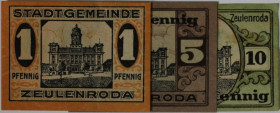 Banknoten, Deutschland / Germany, Lots und Sammlungen. Notgeld Gutschein, Stadtgemeinde Zeulenroda. 1, 5, 10 Pfennig 01.01.1920. G:1/155. Lot von 3 Ba...