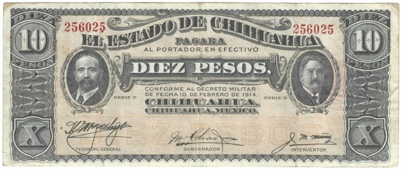 Banknoten, Mexiko / Mexico. Chihuahua. 10 Pesos 1914. Pick: S533g. III