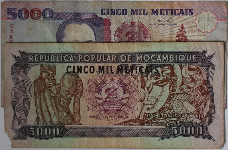 Banknoten, Mosambik / Mozambique, Lots und Sammlungen. 5000 Meticais 1989 - 1991...