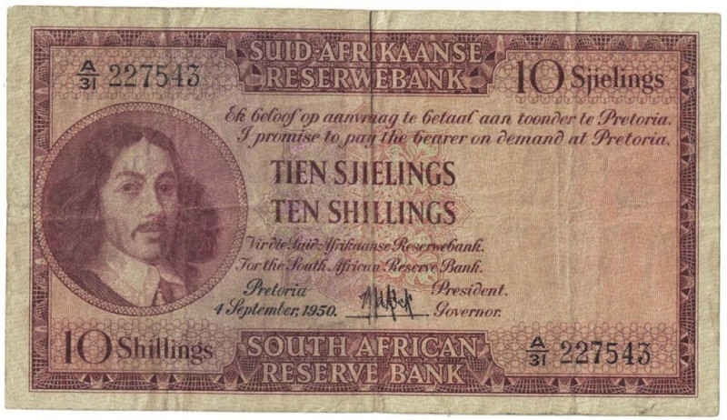 Banknoten, Südafrika / South Africa. 10 Shillings 1950. Erste Zeilen mit Banknam...