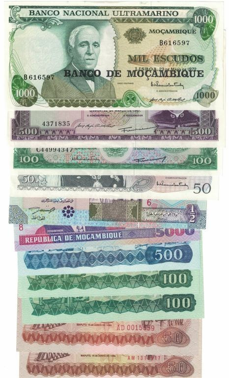 Banknoten, Lots und Sammlungen Banknoten. Mosambik / Mozambique, 50, 100, 500, 1...