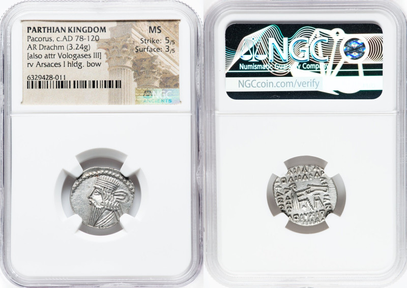 PARTHIAN KINGDOM. Pacorus I (ca. AD 78-120). AR drachm (19mm, 12h). NGC MS 5/5 -...