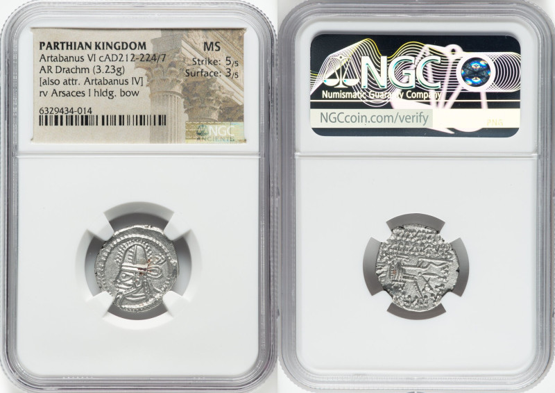 PARTHIAN KINGDOM. Artabanus VI (ca. AD 212-224/7). AR drachm (19mm, 3.23 gm, 1h)...