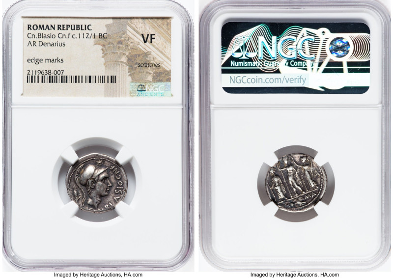 Cn. Blasio Cn. f. (ca. 112/1 BC). AR denarius (19mm, 11h). NGC VF, scratches, ed...