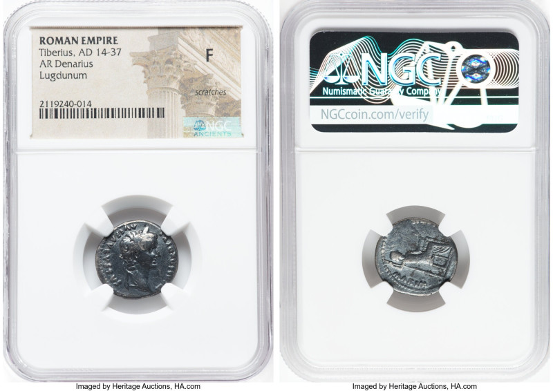 Tiberius (AD 14-37). AR denarius (18mm, 10h). NGC Fine, scratches. Lugdunum. TI ...