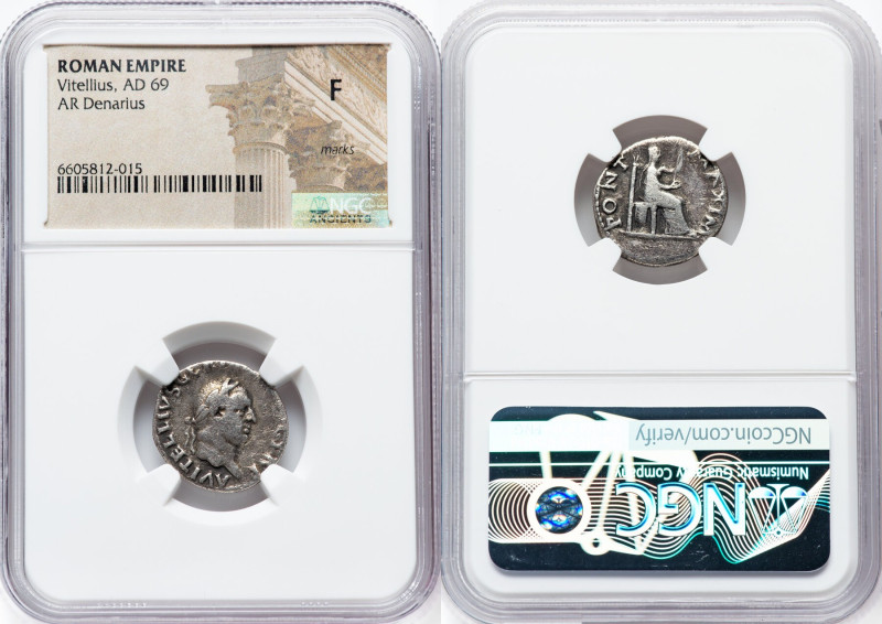 Vitellius (late April-20 December AD 69). AR denarius (18mm, 6h). NGC Fine. mark...