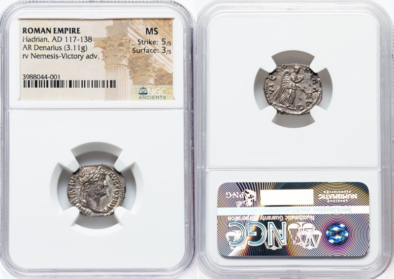 Hadrian (AD 117-138). AR denarius (18mm, 3.11 gm, 7h). NGC MS 5/5 - 3/5. Rome, A...