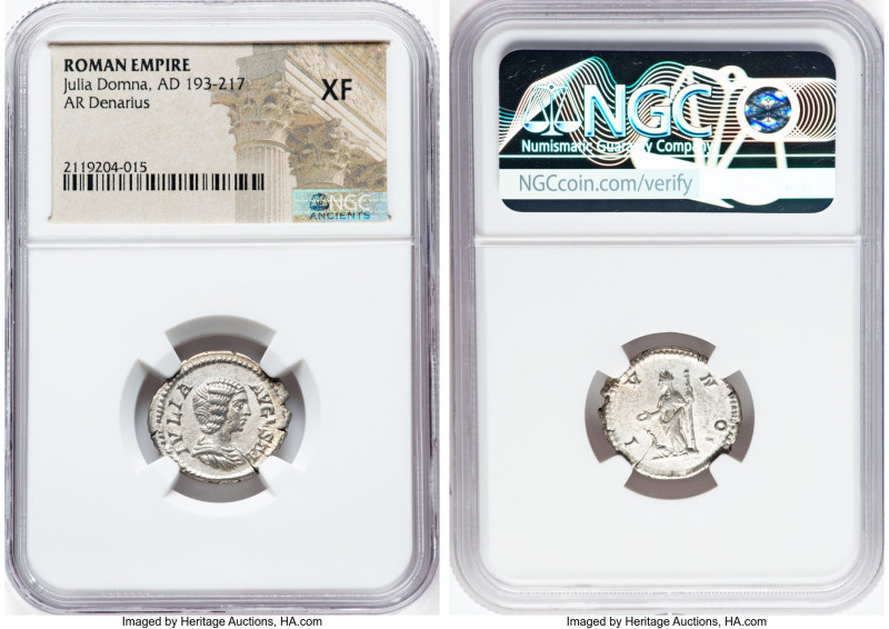 Julia Domna (AD 193-217). AR denarius (20mm, 11h). NGC XF. Rome, AD 196-211. IVL...