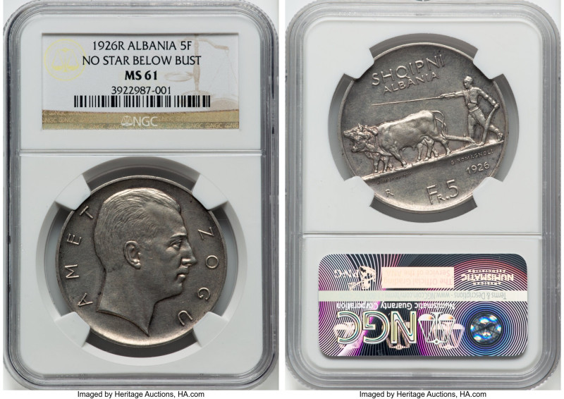 Zog I 5 Franga Ari 1926-R MS61 NGC, Rome mint, KM8.1. No star below bust. From t...