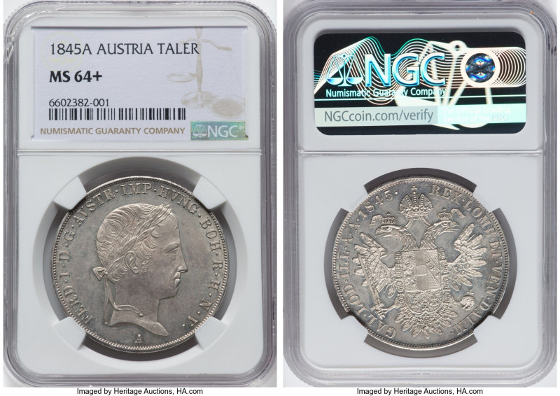 Ferdinand I Taler 1845-A MS64+ NGC, Vienna mint, KM2240. Attractive light gray p...