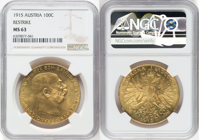 Franz Joseph I gold Restrike 100 Corona 1915 MS63 NGC, Vienna mint, KM2819, Fr-5...