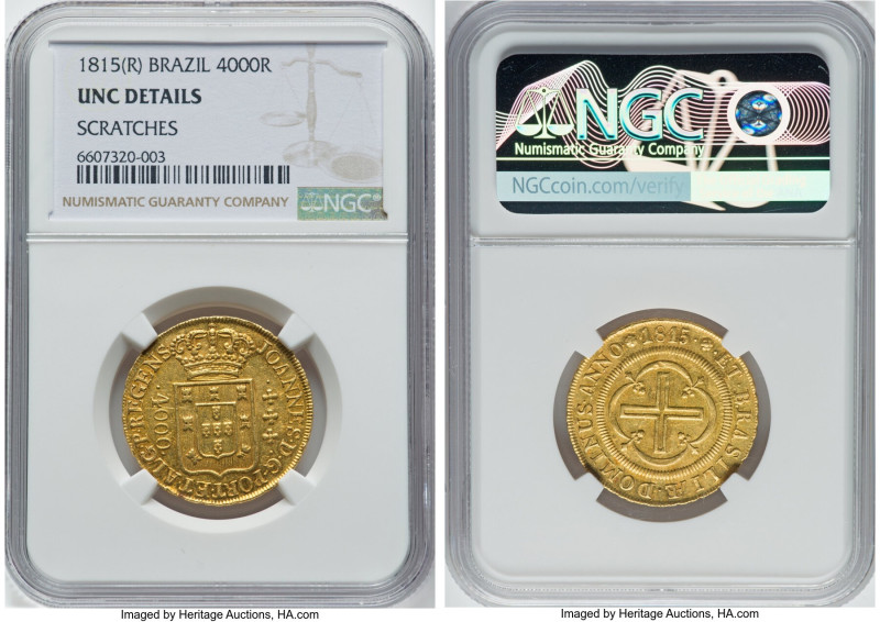 João Prince Regent gold 4000 Reis 1815-(R) UNC Details (Scratches) NGC, Rio de J...