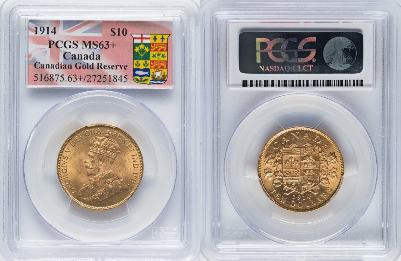 George V gold 10 Dollars 1914 MS63+ PCGS, Ottawa mint, KM27. Canadian Gold Reser...