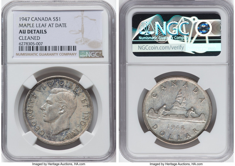 George VI "Maple Leaf" Dollar 1947 AU Details (Cleaned) NGC, Royal Canadian mint...