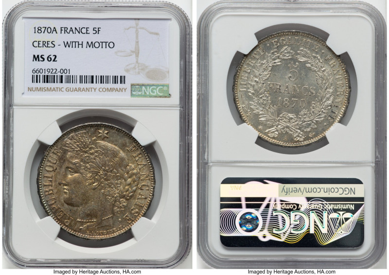 Republic 5 Francs 1870-A MS62 NGC, Paris mint, KM819, Gad-743. With motto variet...