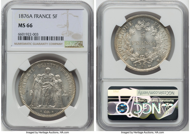 Republic "Hercules" 5 Francs 1876-A MS66 NGC, Paris mint, KM820.1. Booming satin...