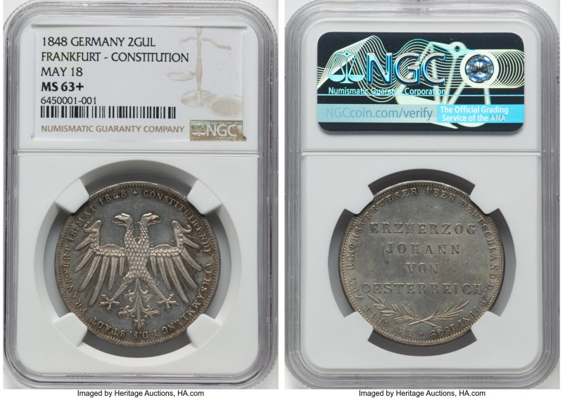 Frankfurt. Free City "Vicariat" 2 Gulden 1848 MS63+ NGC, Frankfurt am Main mint,...