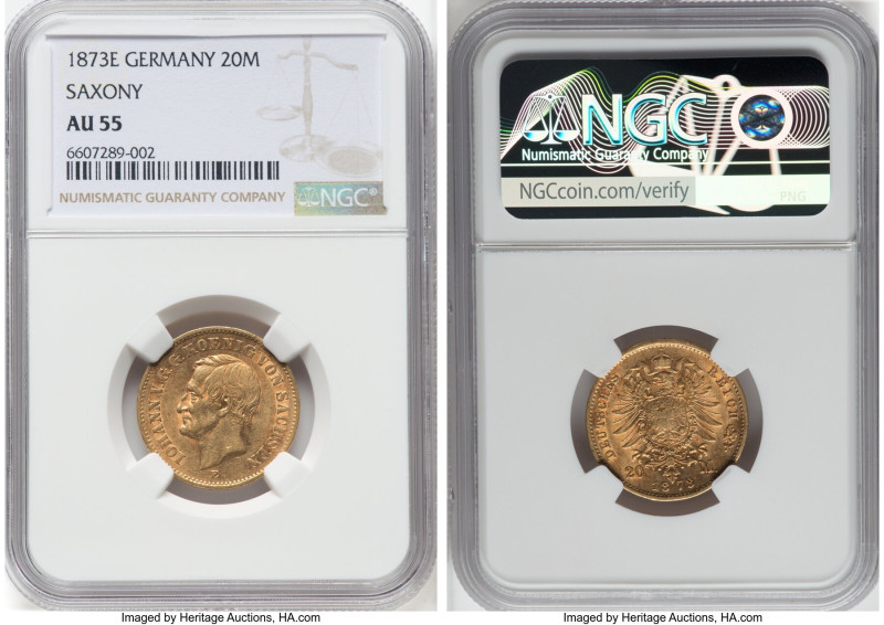 Saxony. Johann gold 20 Mark 1873-E AU55 NGC, Dresden mint, KM1234. One year type...