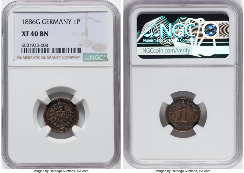 Wilhelm I Pfennig 1886-G XF40 Brown NGC, Karlsruhe mint, KM1. Mintage: 814,250. ...