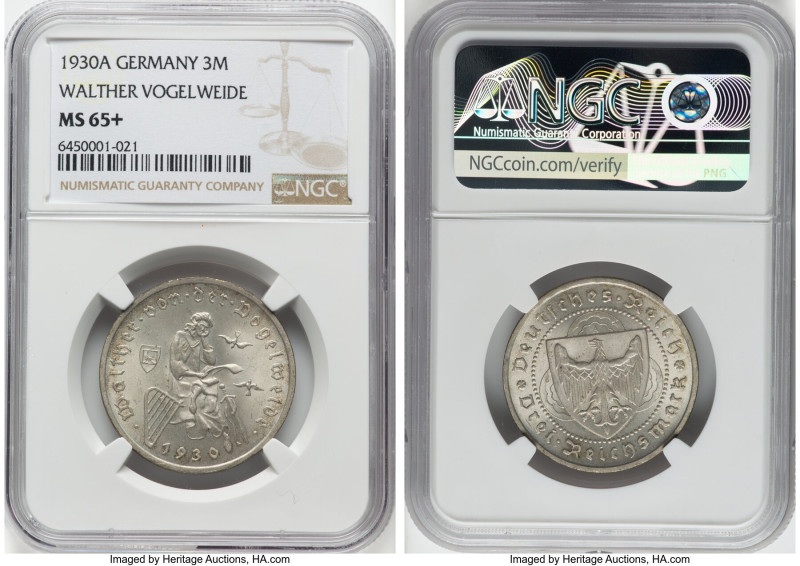 Weimar Republic "Vogelweide" 3 Mark 1930-A MS65+ NGC, Berlin mint, KM69, J-344. ...