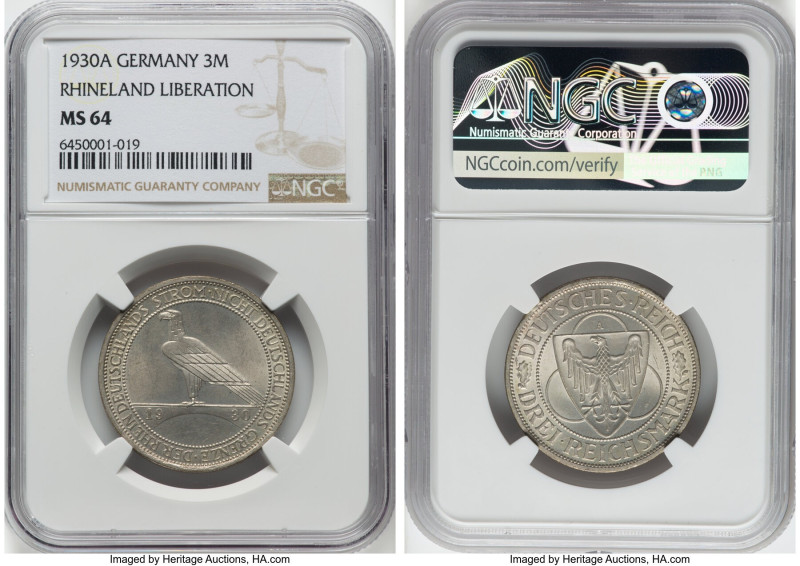 Weimar Republic "Rhineland" 3 Mark 1930-A MS64 NGC, Berlin mint, KM70. Liberatio...