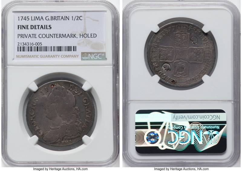 George II "Lima" 1/2 Crown 1745 F Details (Private Countermark, Holed) NGC, KM58...