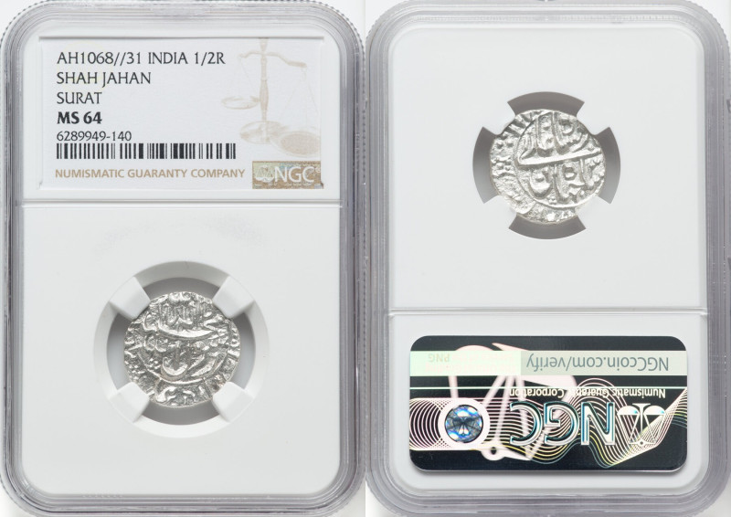 Mughal Empire. Shah Jahan 1/2 Rupee AH 1068 Year 31 (1657/1658) MS64 NGC, Surat ...