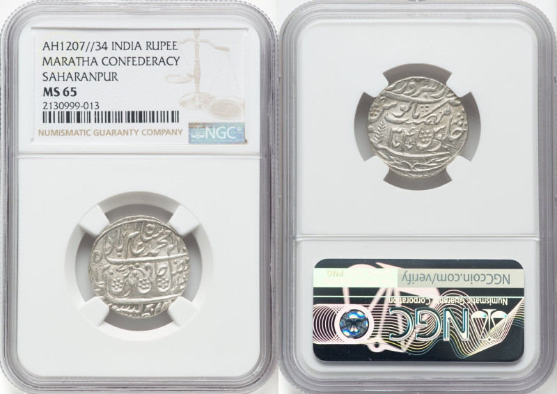 Maratha Confederacy. Anonymous Rupee AH 1207 Year 34 (1792-1793) MS65 NGC, Sahar...