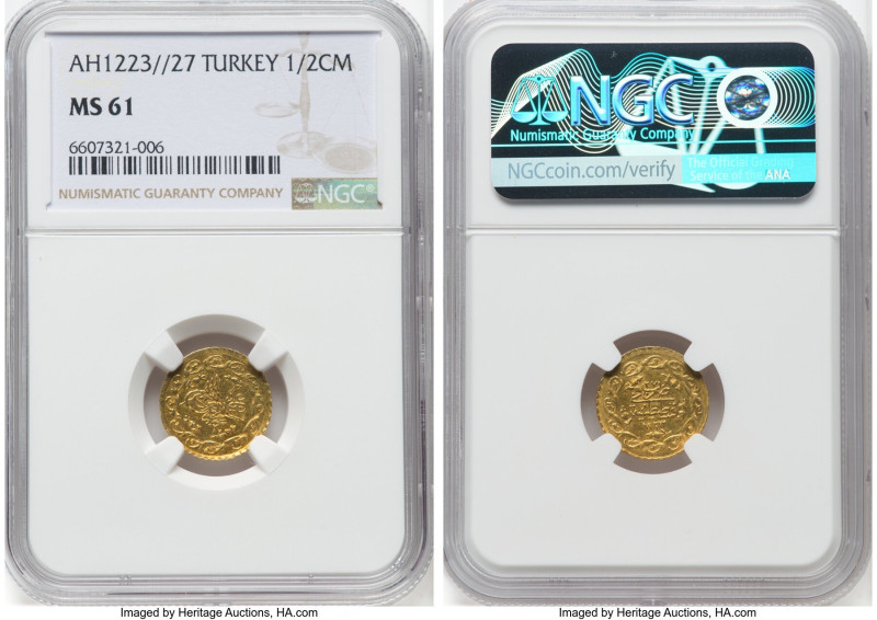 Ottoman Empire. Mahmud II gold 1/2 Cedid Mahmudiye AH 1223 Year 27 (1833/1834) M...