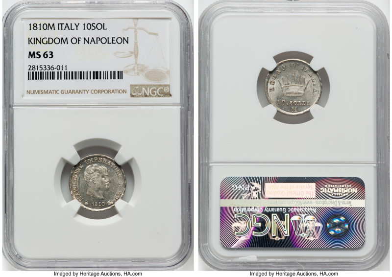 Kingdom of Napoleon. Napoleon I 10 Soldi 1810-M MS63 NGC, Milan mint, KM-C6.1. F...