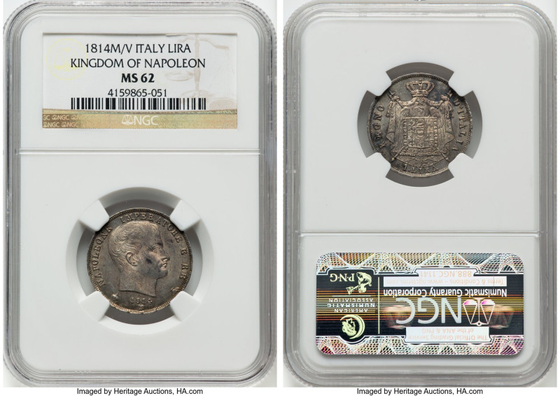 Kingdom of Napoleon. Napoleon I Lira 1814-M/V MS62 NGC, Milan mint, KM-C8.1. Fro...