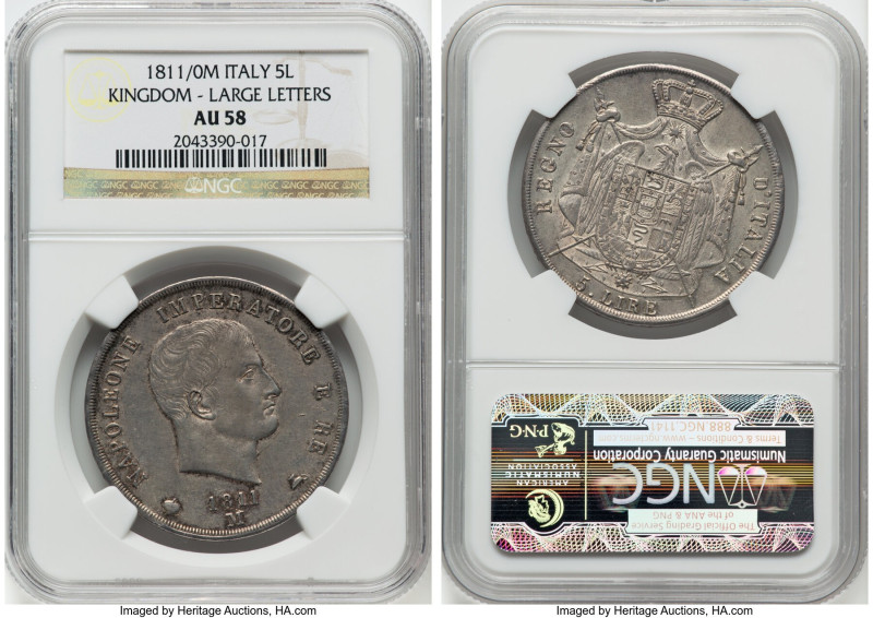 Kingdom of Napoleon. Napoleon I 5 Lire 1811/0-M AU58 NGC, Milan mint, KM10.4. La...