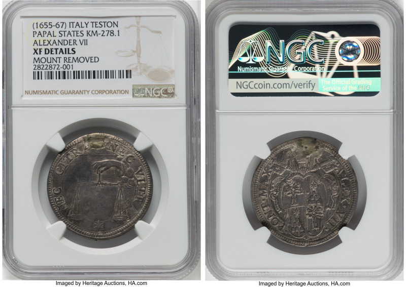 Papal States. Alexander VII Testone ND (1655-1667) XF Details (Mount Removed) NG...