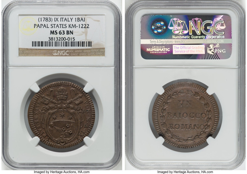 Papal States. Pius VI Baiocco Anno IX (1783) MS63 Brown NGC, Rome mint, KM1222. ...