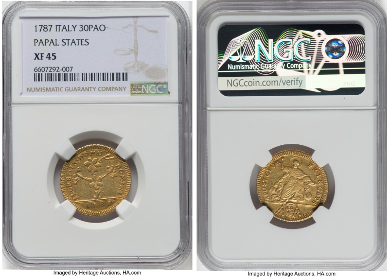 Papal States. Pius VI gold 30 Paoli (Doppia d'Oro) 1787 XF45 NGC, Rome mint, KM1...