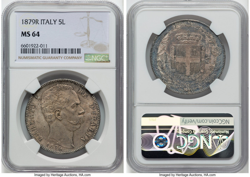 Umberto I 5 Lire 1879-R MS64 NGC, Rome mint, KM20. This gorgeous champagne speci...