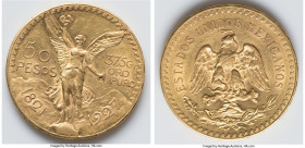 Estados Unidos gold 50 Pesos 1927 AU, Mexico City mint, KM481, Fr-172. Minor abrasions from a small stint in circulation but the luster and color are ...