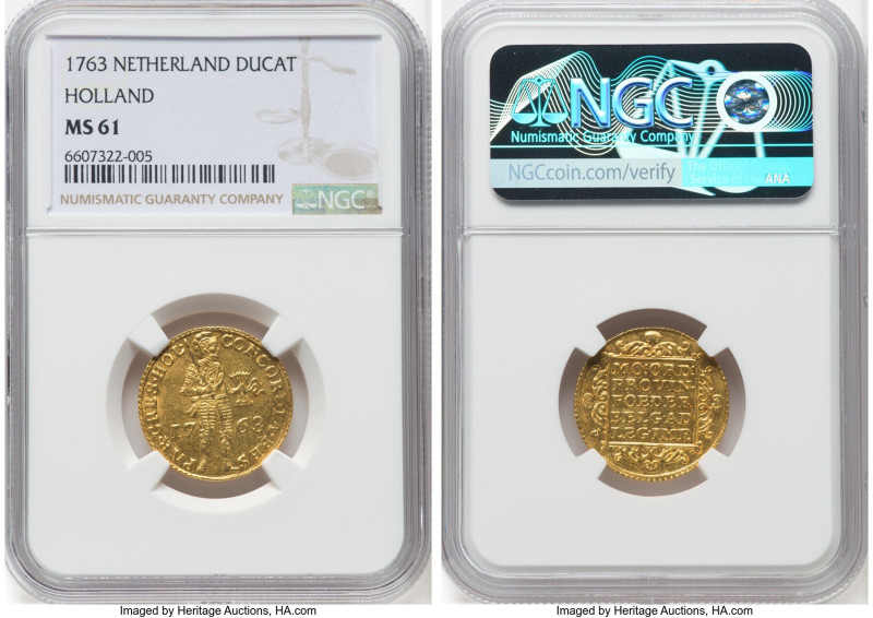 Holland. Provincial gold Ducat 1763 MS61 NGC, Dordrecht mint, KM12.3, Fr-250. HI...