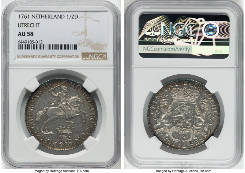 Utrecht. Provincial 1/2 Silver Ducaton (1/2 Silver Rider) 1761 AU58 NGC, Utrecht...