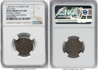 Dutch Colony. United East India Company Mint Error - Double Struck Duit 1780 VF25 Brown NGC, Dordrecht mint, KM70. Crowned Holland arms. Double Struck...