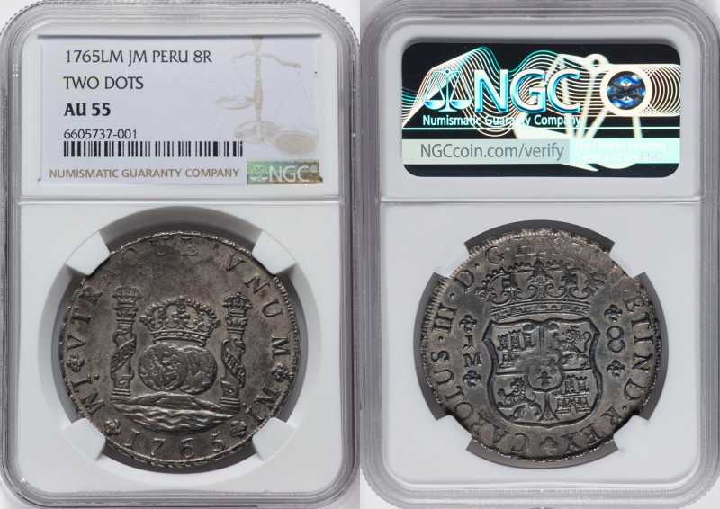 Charles III 8 Reales 1765 LM-JM AU55 NGC, Lima mint, KM-A64.1. Two Dots variety....